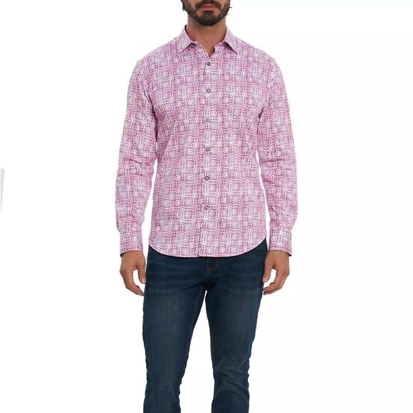 EUC Men's Robert Graham Pink White Print Betts Flip Cuff Stretch Shirt Sz SMALL - Picture 2 of 8